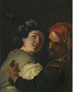 A Bearded Man Embracing A Young Woman Whilst Holding Amoney-bag
