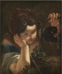 A Young Girl Holding A Cockerel In A Basket