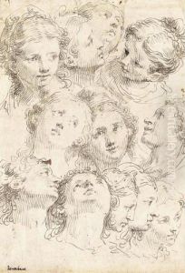 Sheet Of Studies Of Female Heads by Francesco Fontebasso