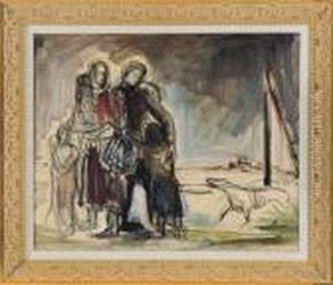 Family Cowering From A Fierce Dog. by Jean-Louis Forain