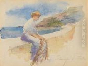 Lady Seated On Harbour Wall, Cornwall