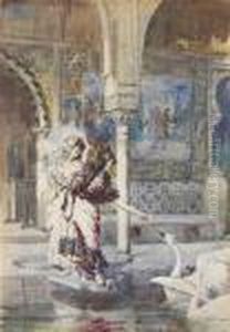 Capriccio In A Loggia With Young Ladies Feeding Swans by Mariano Jose Maria Bernardo Fortuny y Carbo