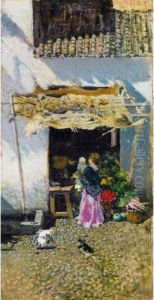 Jeune Femme A La Jupe Lilas, Devant Une Echoppe De Legumes Jeune Femme A La Jupe Lilas, Devant Une Echoppe De Legumes