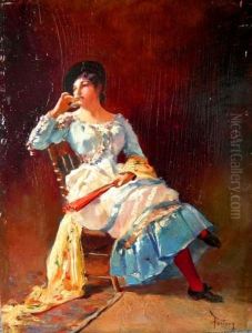 Damigella Che Beveseduta Su Una Sedia Con In Mano Un Ventaglio by Mariano Jose Maria Bernardo Fortuny y Carbo