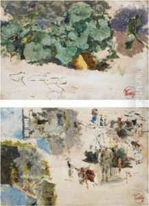 Dos Estudios: Hojas; Caballos Con Figuras (two Studies: Foliage; Horses And Figures)