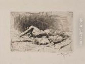 Two Etchings.
Reclining Robed Figure by Mariano Jose Maria Bernardo Fortuny y Carbo