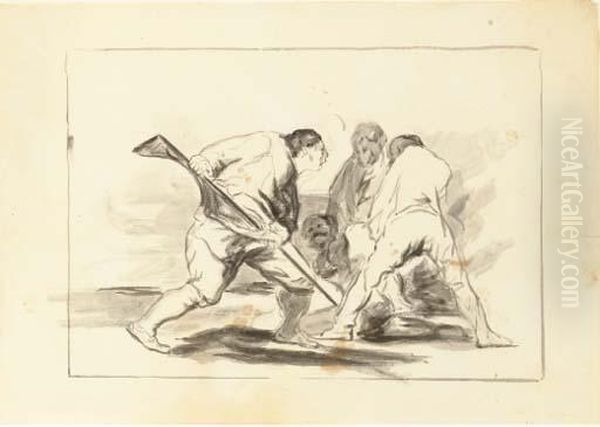 Trois Hommes Attaquant Un Homme Agenouille - view 1