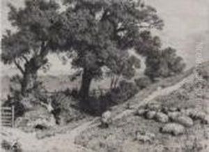 Farmer Boy Resting Under The Trees With His Dog And Sheep; 
Etching by Myles Birket Foster