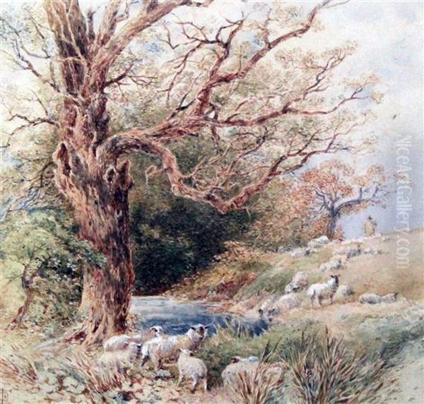 Shepherd And Flock Beside A Stream - view 1