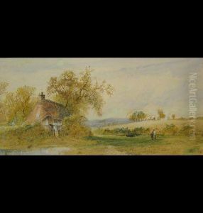 Country Scene With
Figures Outside A Cottage By A Pond by Myles Birket Foster