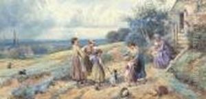 Children Playing Outside A Farmhouse, A Shepherd With His Flock Ofsheep Beyond by Myles Birket Foster