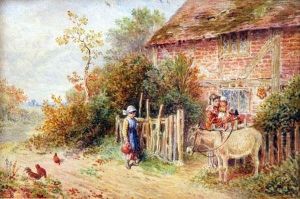 Family Group And Donkey Before Acottage by Myles Birket Foster