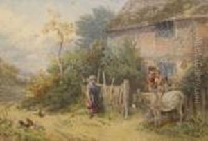 Figures And Donkey Before A Cottage by Myles Birket Foster