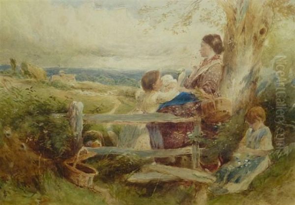 A Mother And Children At A Farm Gate - view 1