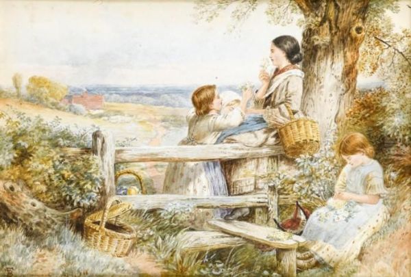 The Stile; Haymaking by Myles Birket Foster