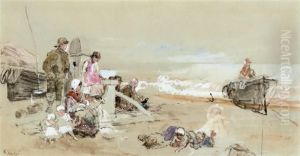 Figures Waiting On The Shore At Hastings by Myles Birket Foster