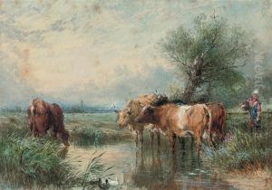 Cattle Watering At A Stream by Myles Birket Foster