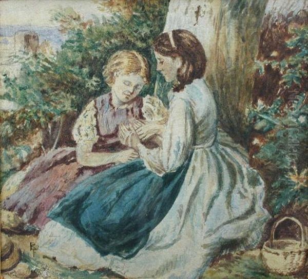 Two Girls Picking Primroses - view 1