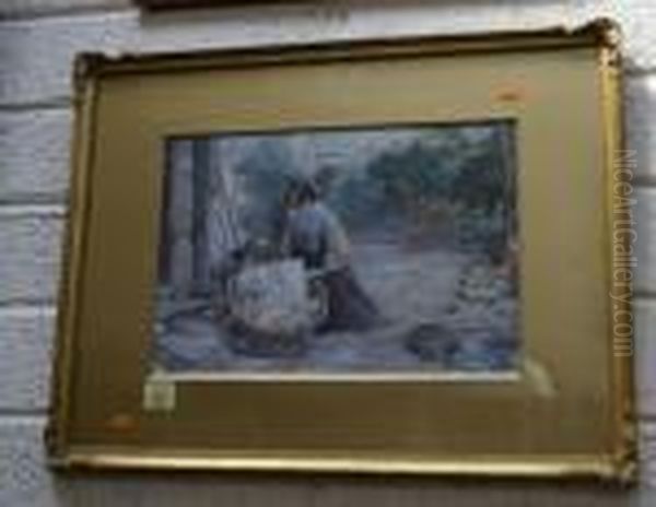 Infant In A Basket By A Cottage With Mother - view 1