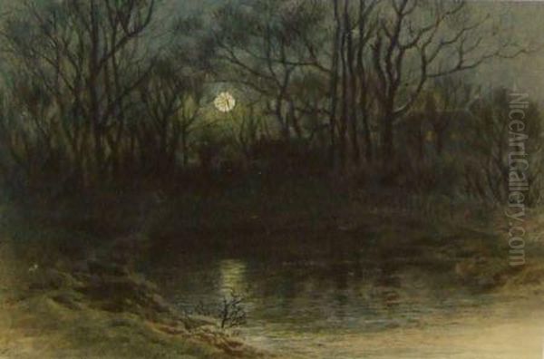 A Woodland Pool By Moonlight - view 1