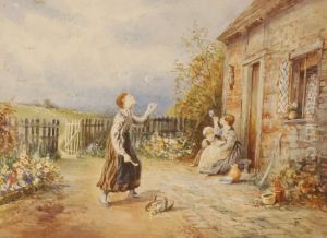 Children Blowing Bubbles Outside A Cottage by Myles Birket Foster