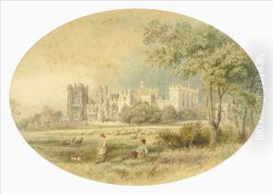 Raby Castle, Co. Durham, With Children, Dog And Sheep by Myles Birket Foster