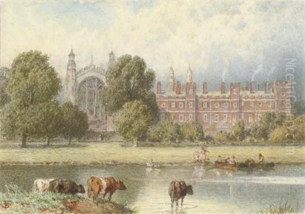 Cattle Watering Before Eton 
College, Windsor, Seen From Across Thethames And Fellows' Eyot - view 1