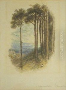 Foster, Watercolour,landscape With Trees And Figure On A Hillside, 5ins X 3.75ins by Myles Birket Foster