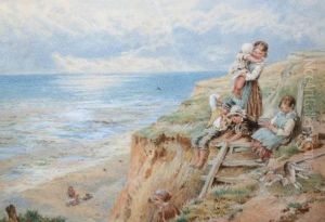 Children Seatedon A Cliff Above The Sea