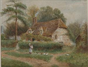 Figures And Chickens Before A Country Cottage by Myles Birket Foster