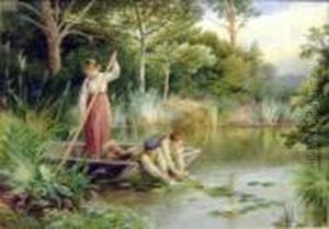 'girls Boating On A Pond', Watercolour, 24cm X 34cm, Framed