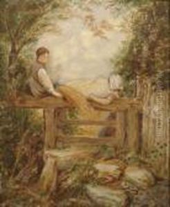 Figures With Wheatsheaf Crossing A Stile. by Myles Birket Foster