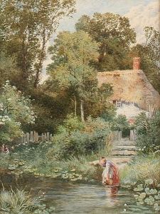 A Girl Drawing Water Before A Thatched Cottage