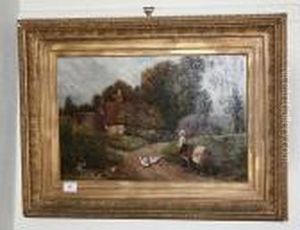 Rural Scene With Milkmaid, Cow, Geese And Ducks