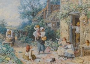 Children Blowing Bubbles By A Cottage by Myles Birket Foster