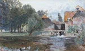 Figure By A Watermill, Ducks In The Foreground by Myles Birket Foster