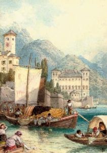 Children Picking Up A Mooring On Lake Como by Myles Birket Foster