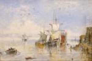 Moored Fishing Boats Off A Quayside by Myles Birket Foster