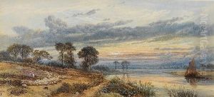 A Shepherd Herding Sheep Beside The Thames At Dusk