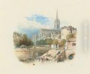 The Church Of St Pierre, Caen, Seen From The River by Myles Birket Foster