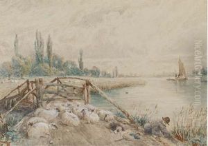 A Young Shepherd With His Flock On A Riverbank by Myles Birket Foster