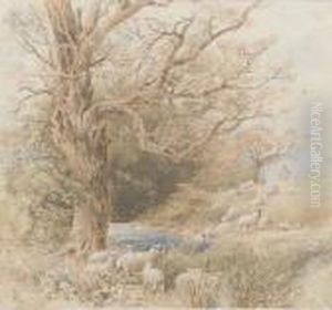 A Shepherd With His Flock Beside A Woodland Pond by Myles Birket Foster