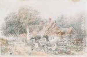 Figures By A Thatched Cottage