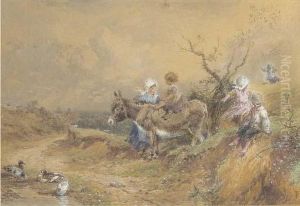 Children With A Donkey Beside A Duck Pond by Myles Birket Foster