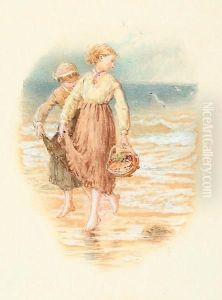 Two Girls Paddling In The Sea by Myles Birket Foster