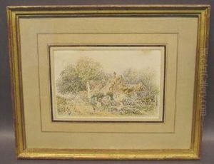 Rural Scene With Thatched Roof Cottage by Myles Birket Foster