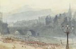 A View Of Old Town And Waverley Bridge, From Prince's Street,edinburgh by Myles Birket Foster