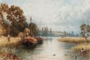 Loading The Hay Barges, With A Young Woman Taking Water From Theriver In The Foreground