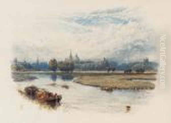 A River Landscape With A Barge In The Foreground, A View Of Oxfordbeyond - view 1