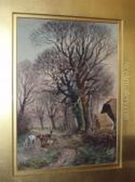 Horses With Cart Watering At A 
Ford On Awooded Path, With Farmer And Ducks By Farm Buildings - view 1